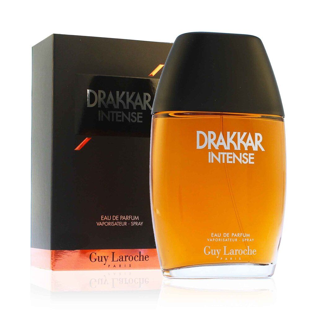 Drakkar Intense Eau de Toilette fles en verpakking. Zwarte verpakking met productnaam. Fles met zwarte dop.