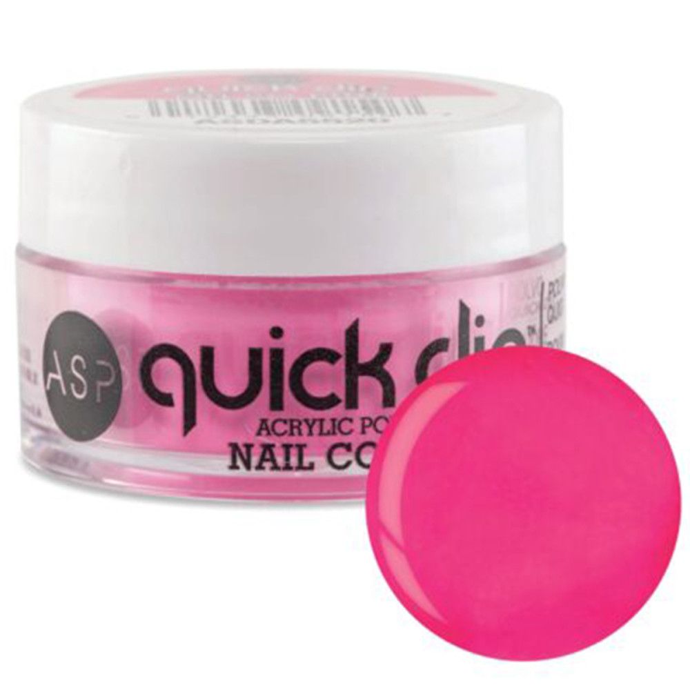 Poudre acrylique rose dans un pot transparent avec couvercle blanc. À côté, une boule de poudre acrylique rose. Inscription: Quick Dip.