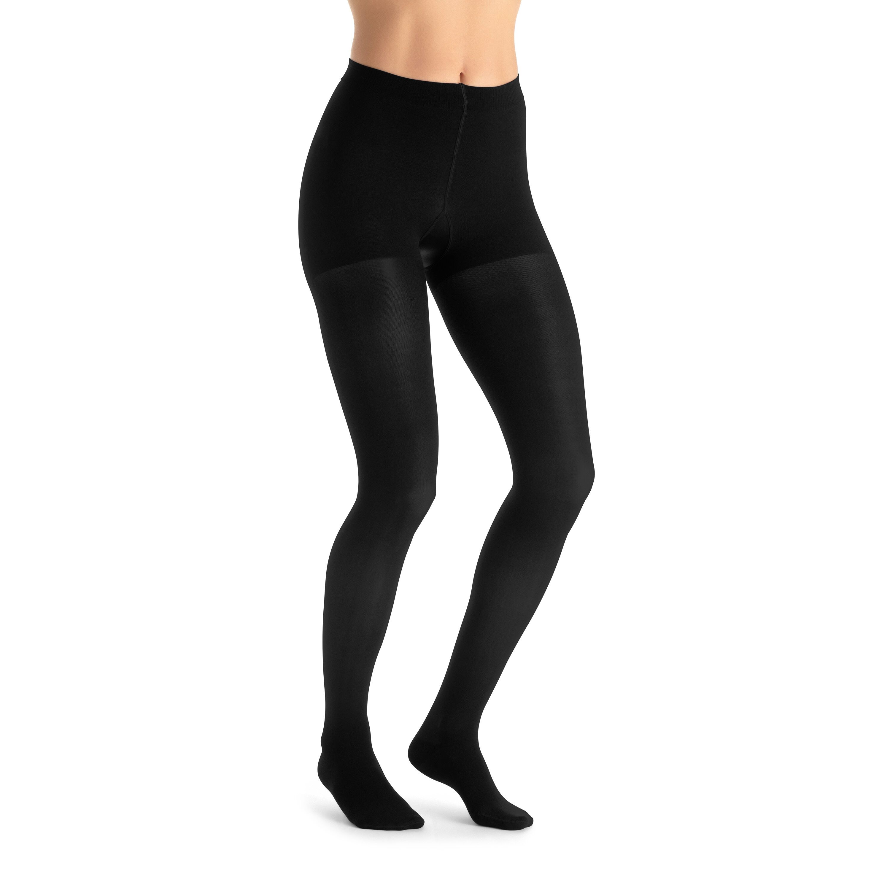 Collant de compression JOBST UltraSheer noir. Vue latérale des jambes. Opacifié à l'entrejambe, transparent sur les jambes.