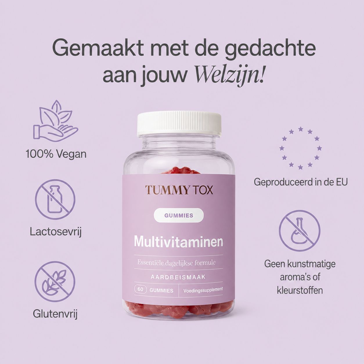 Fles Tummy Tox Multivitaminen, aardbeiensmaak, 60 stuks.