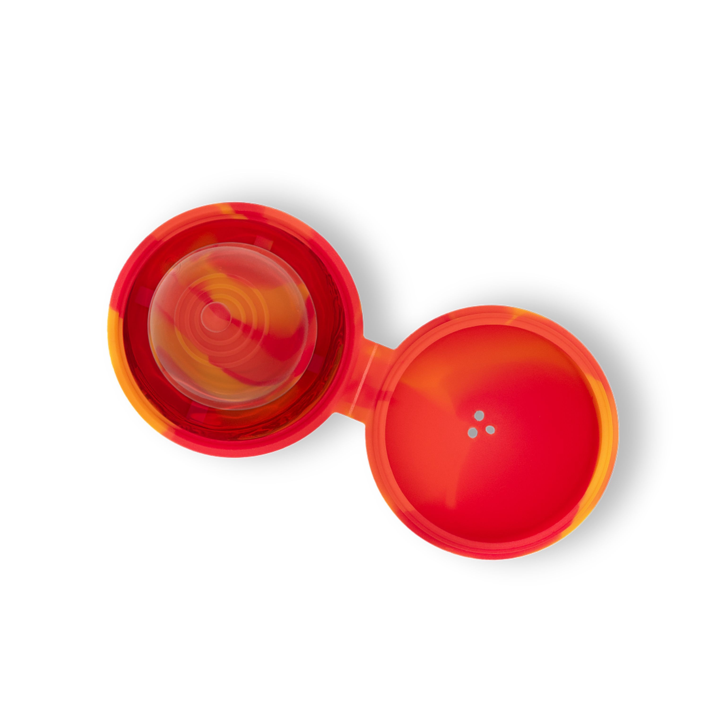 Rood en oranje sterilisatiehoesje voor menstruatiecups en -schijven, van bovenaf gezien.