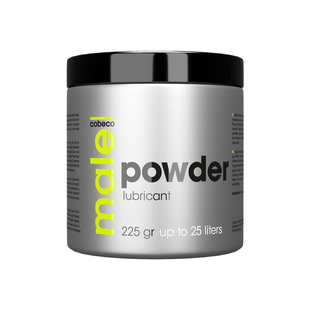 Cobeco Male Powder glijmiddel in zilverkleurige pot met zwarte deksel. 225g.