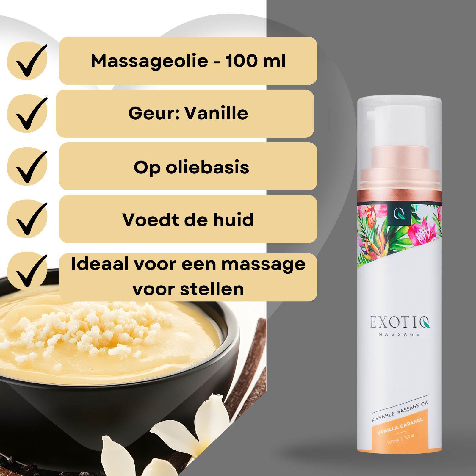 Product met tekst: Massageolie, Geur: Vanille, Op oliebasis, Voedt de huid, Ideaal voor een massage voor stellen.