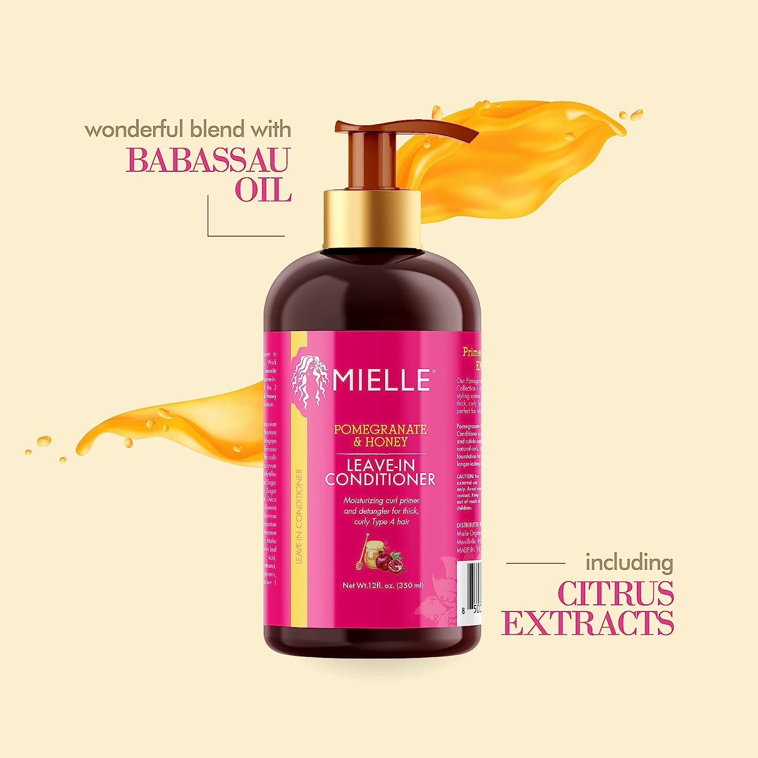 Mielle Leave-In Conditioner fles met pompdispenser, verrijkt met granaatappel en honing.