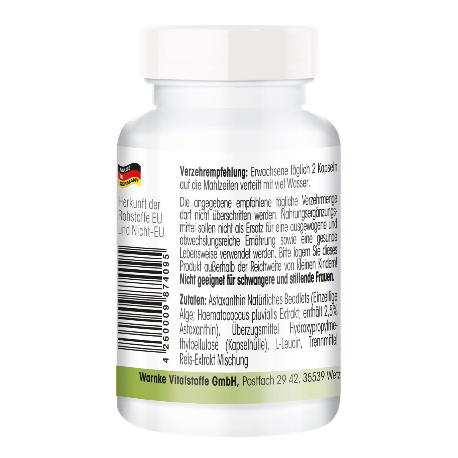 Dos du flacon. Texte : Recommandations d'utilisation, ingrédients, Warnke Vitalstoffe GmbH. Code-barres et origine UE/Non-UE.