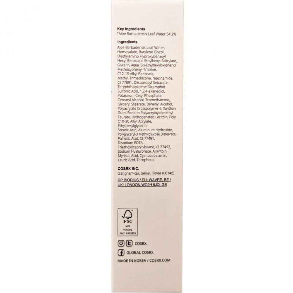 Zijaanzicht van de COSRX-tube met ingrediëntenlijst, FSC-logo en productiedetails.