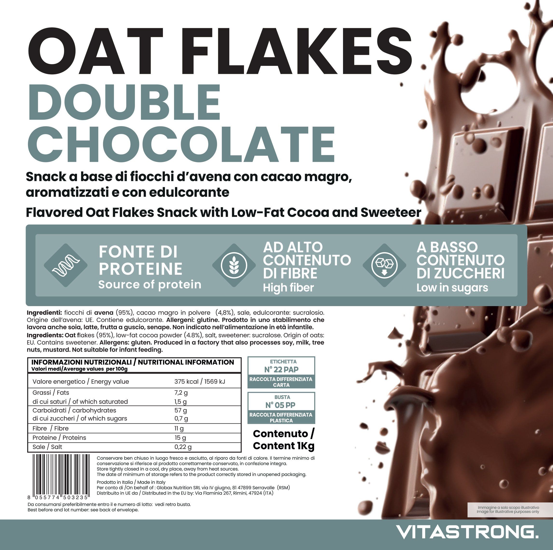 Verpakking van Oat Flakes Double Choco. Tekst: Bron van eiwitten, rijk aan vezels, laag in suikers. Ingrediëntenlijst en voedingswaarde-informatie.