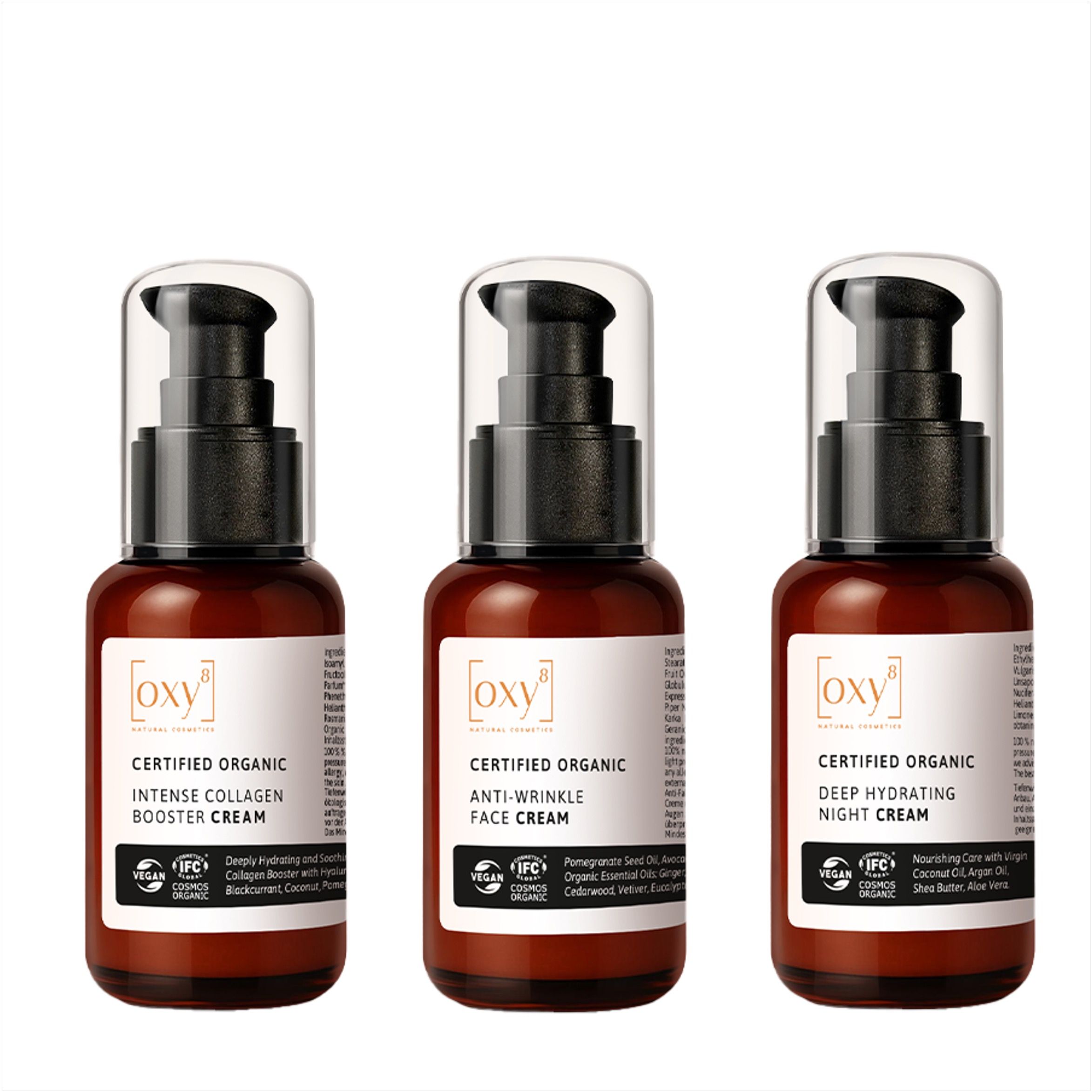 Trois flacons pompe OXY8 Naturkosmetik : Booster Collagène, Crème Visage Anti-Rides, Crème de Nuit.