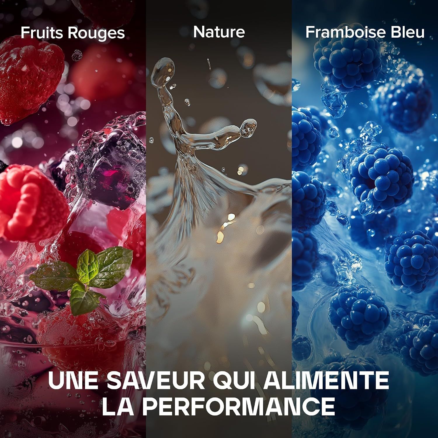 Fruits rouges avec eau et glace dans un verre, à côté d'une éclaboussure d'eau.