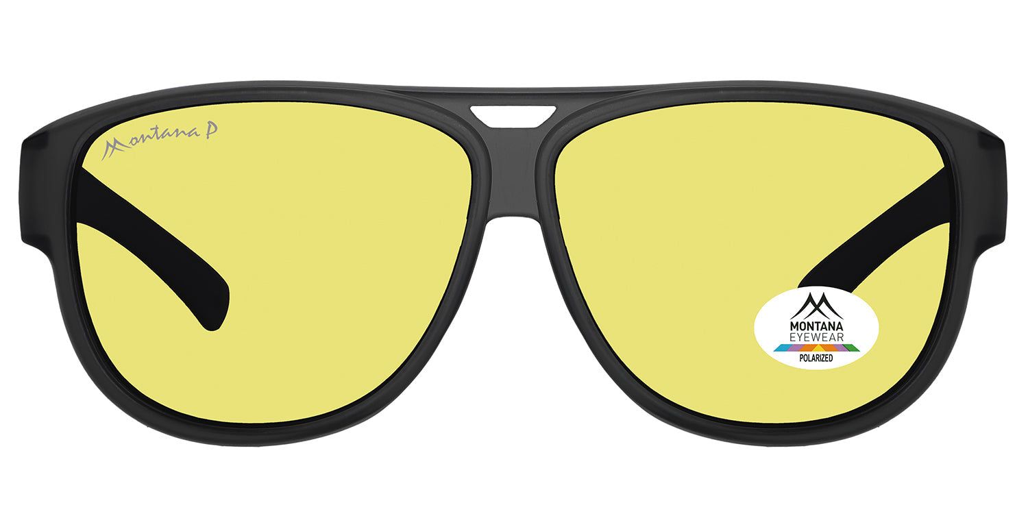Zwarte zonnebril met gele glazen. Montana Eyewear logo op de poot en lens. Gepolariseerde glazen.