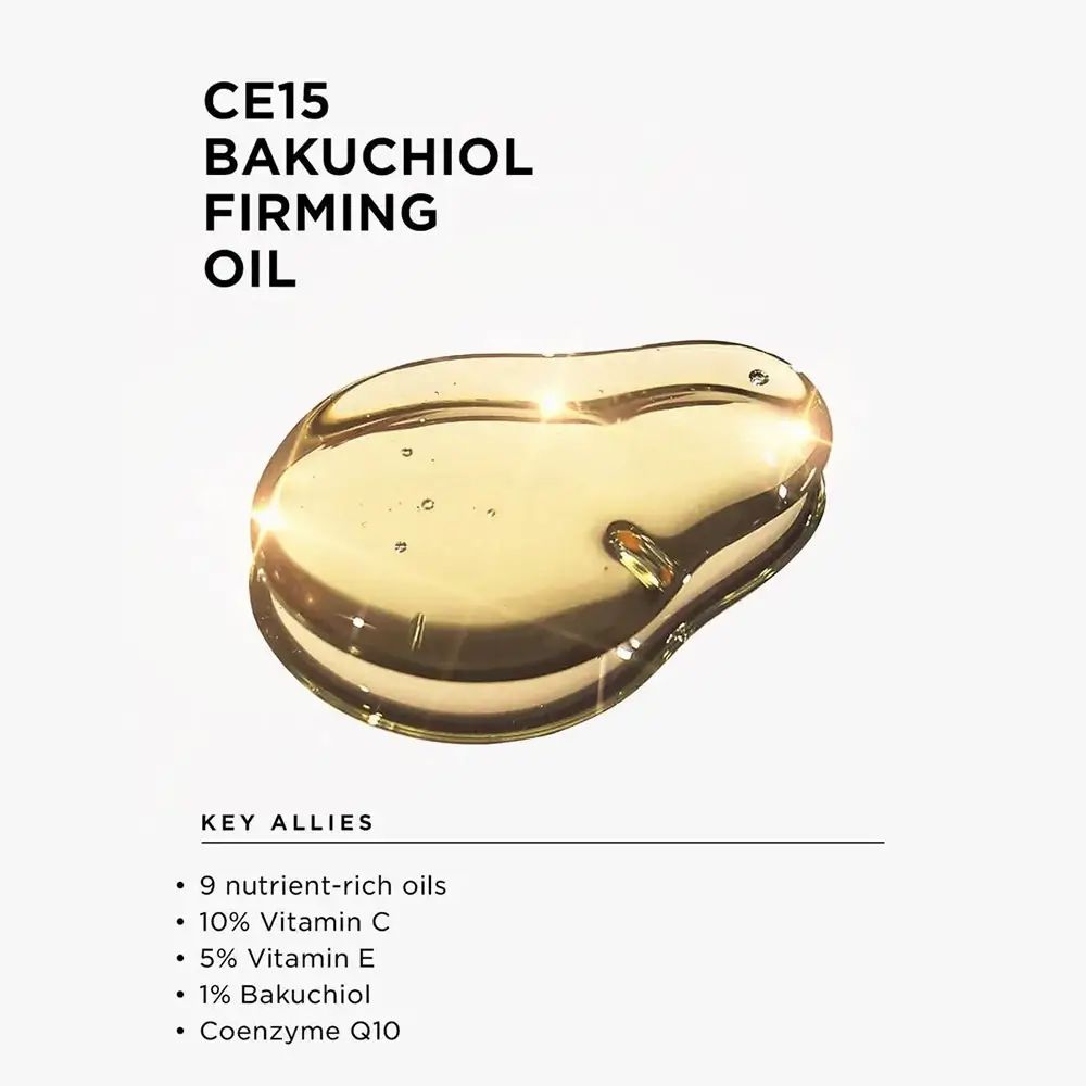 Druppel olie met productnaam en ingrediënten. Op witte achtergrond.