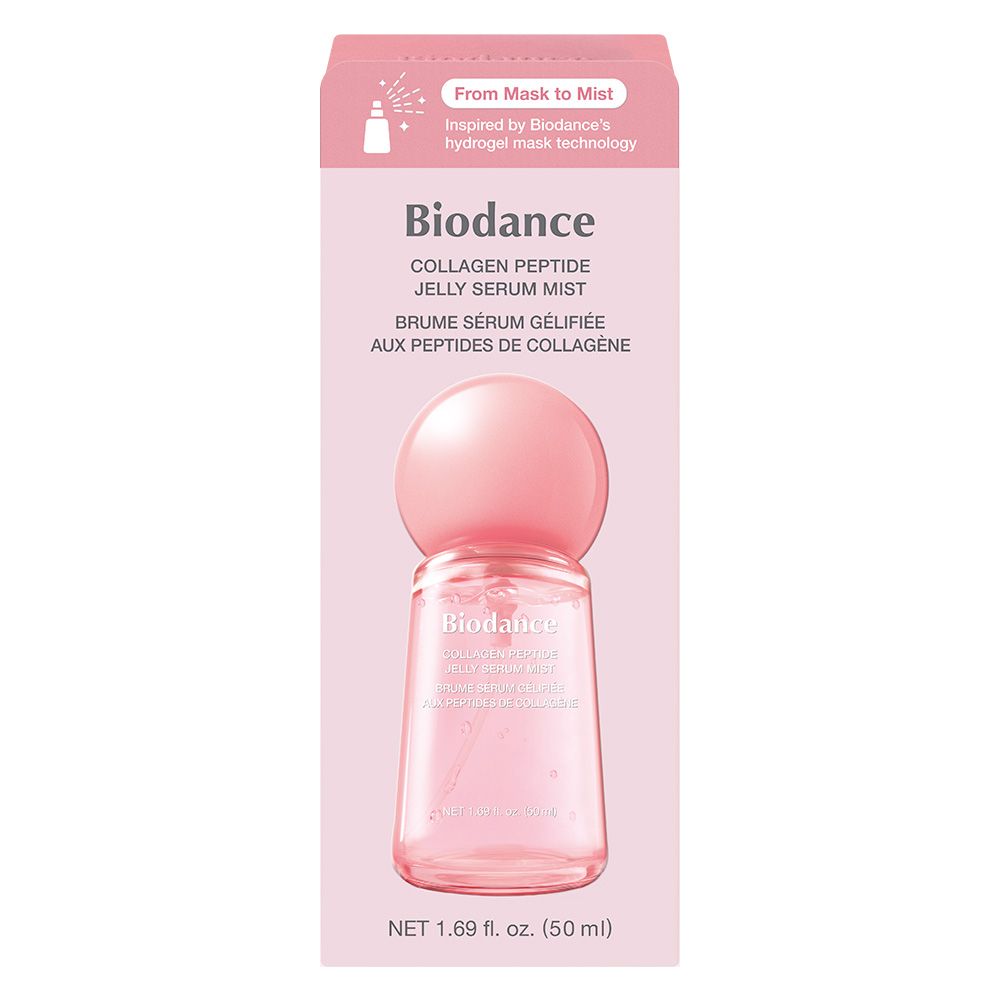 Biodance Collagen Peptide Jelly Serum Mist in roze flesje met bolvormige dop. 50 ml.