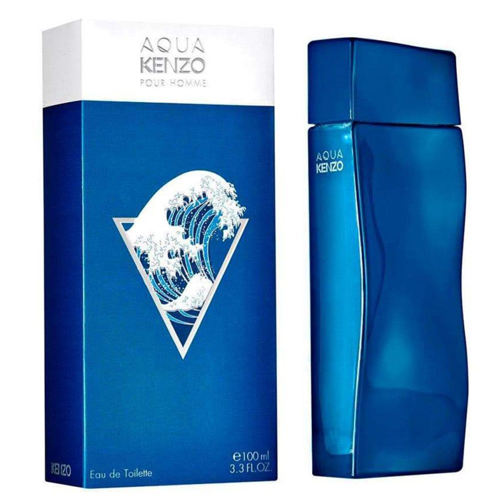 Flacon bleu Kenzo Aqua Pour Homme Eau De Toilette Spray et emballage. Motif de vague et logo sur le flacon et l'emballage.