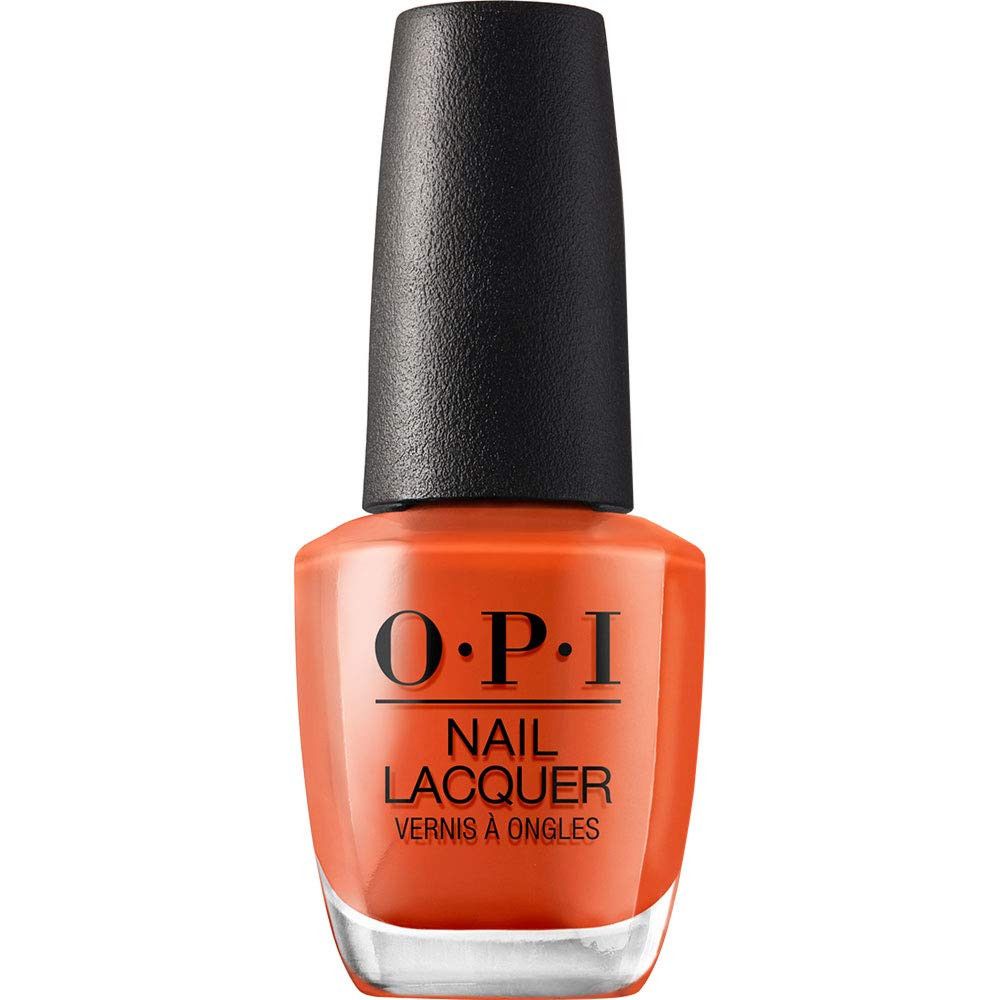 OPI nagellakfles, oranje. Zwarte dop, productnaam.
