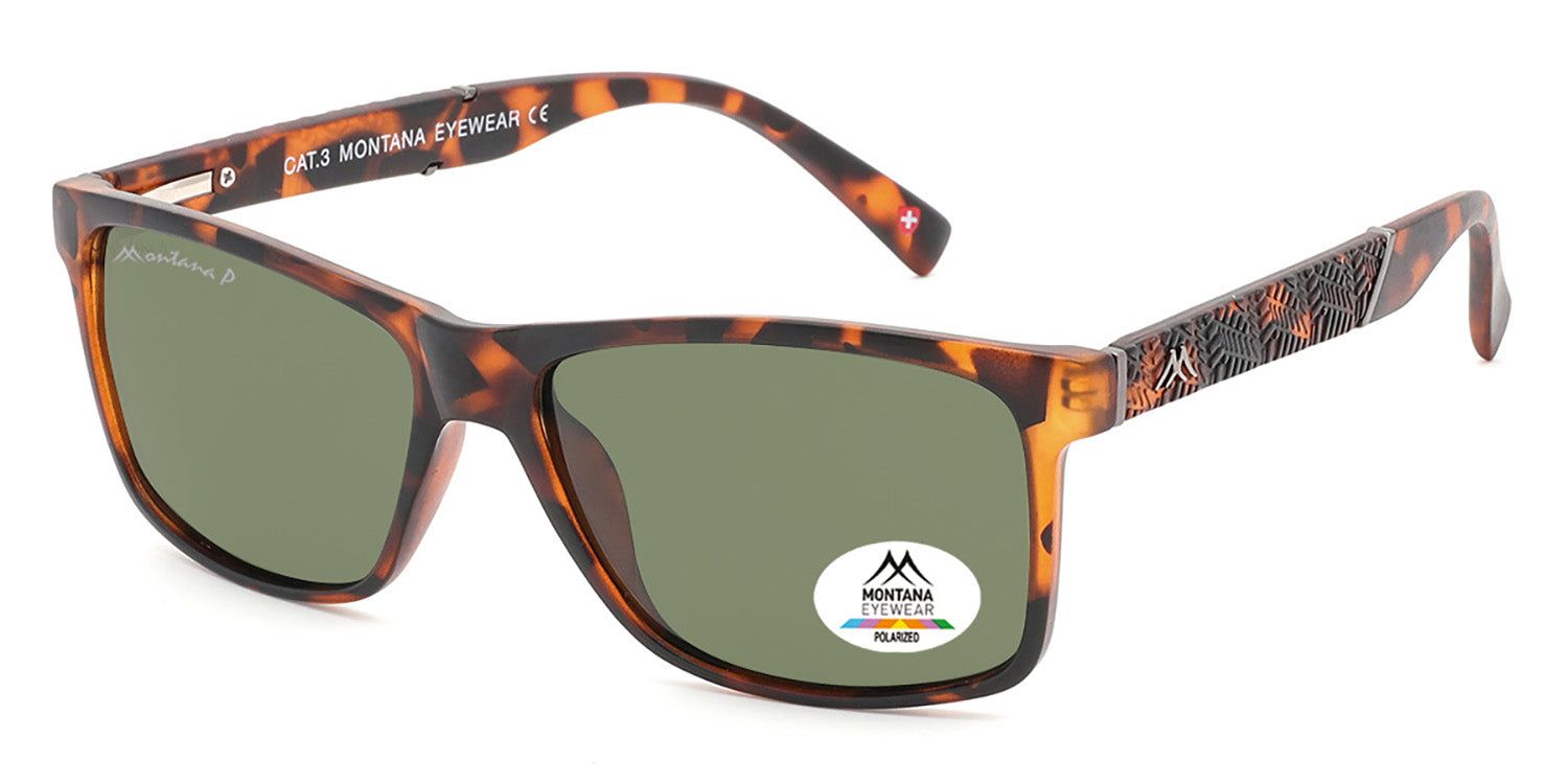 Lunettes de soleil marron et vertes. Autocollant 'Polarized' et logo sur une lentille. Monture rectangulaire.