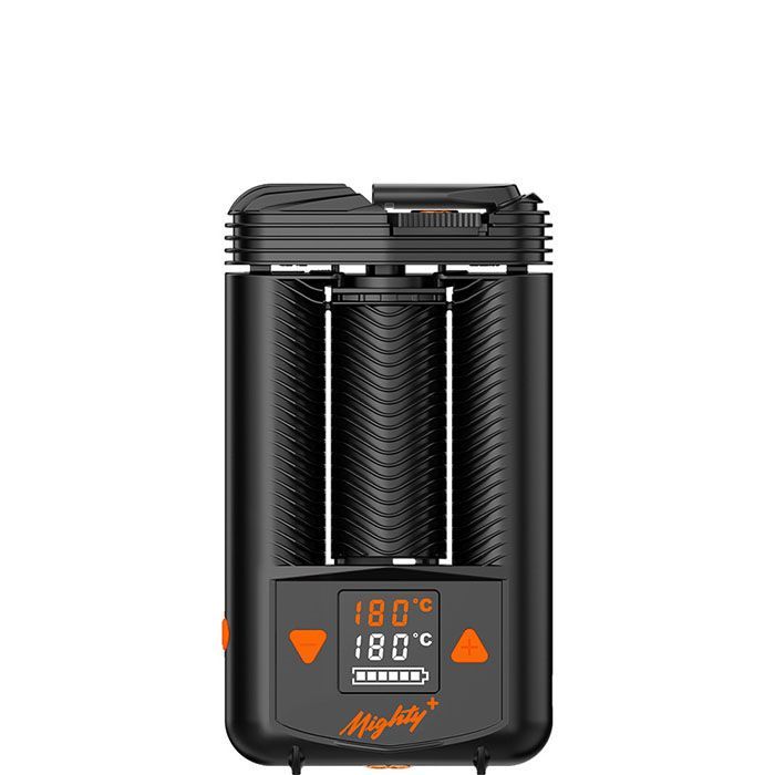 Vooraanzicht van de MIGHTY+ Vaporizer met verlicht display en bedieningselementen.