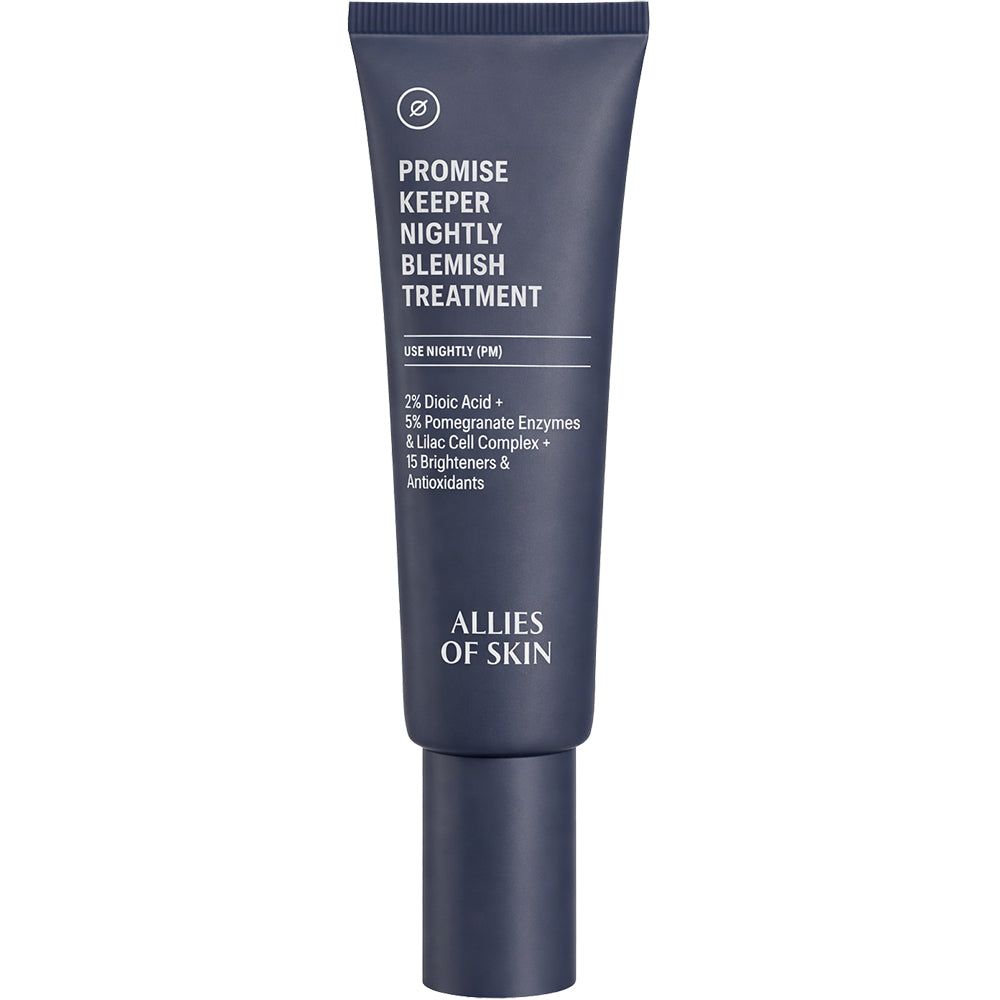 Tube bleu foncé avec texte blanc. Contient « Promise Keeper Nightly Blemish Treatment » et « Allies of Skin ».