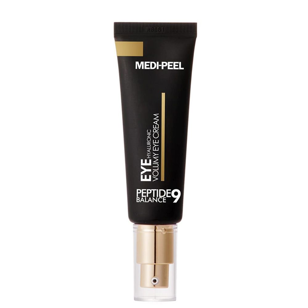 Tube noir avec bouchon doré et inscription : MEDI-PEEL PEPTIDE 9 HYALURONIC VOLUMY EYE CREAM.