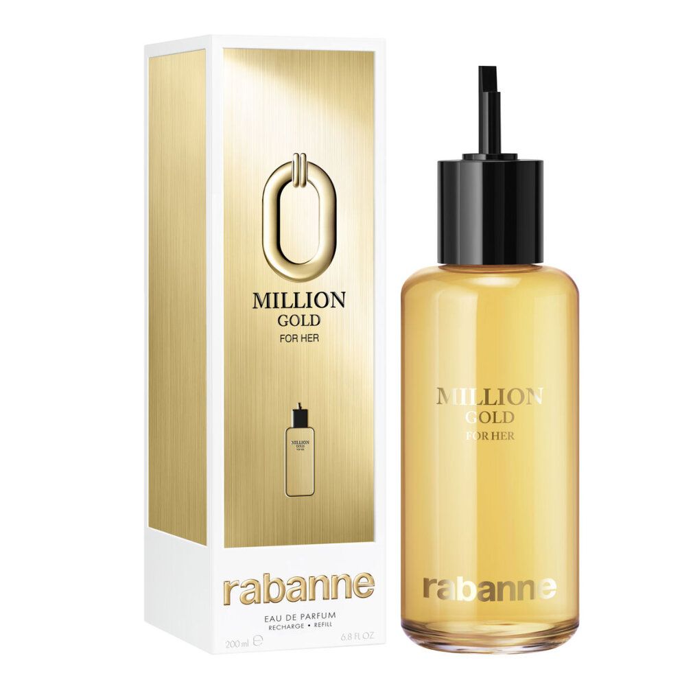 Gouden navulfles en verpakking. Opschrift: Million Gold For Her, Rabanne. Fles met zwarte dop.