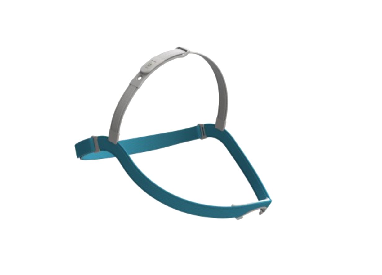 Een blauw en grijs hoofdband voor CPAP-apparaat met verstelbare bandjes en een bovenste stang.