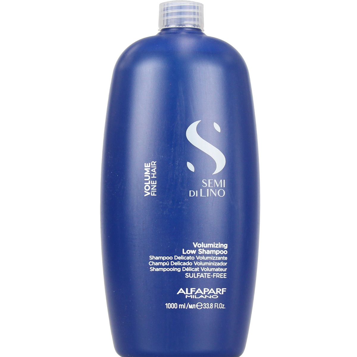 Flacon bleu Alfaparf Milano Semi di Lino Volumizing Low Shampoo, 1000 ml.