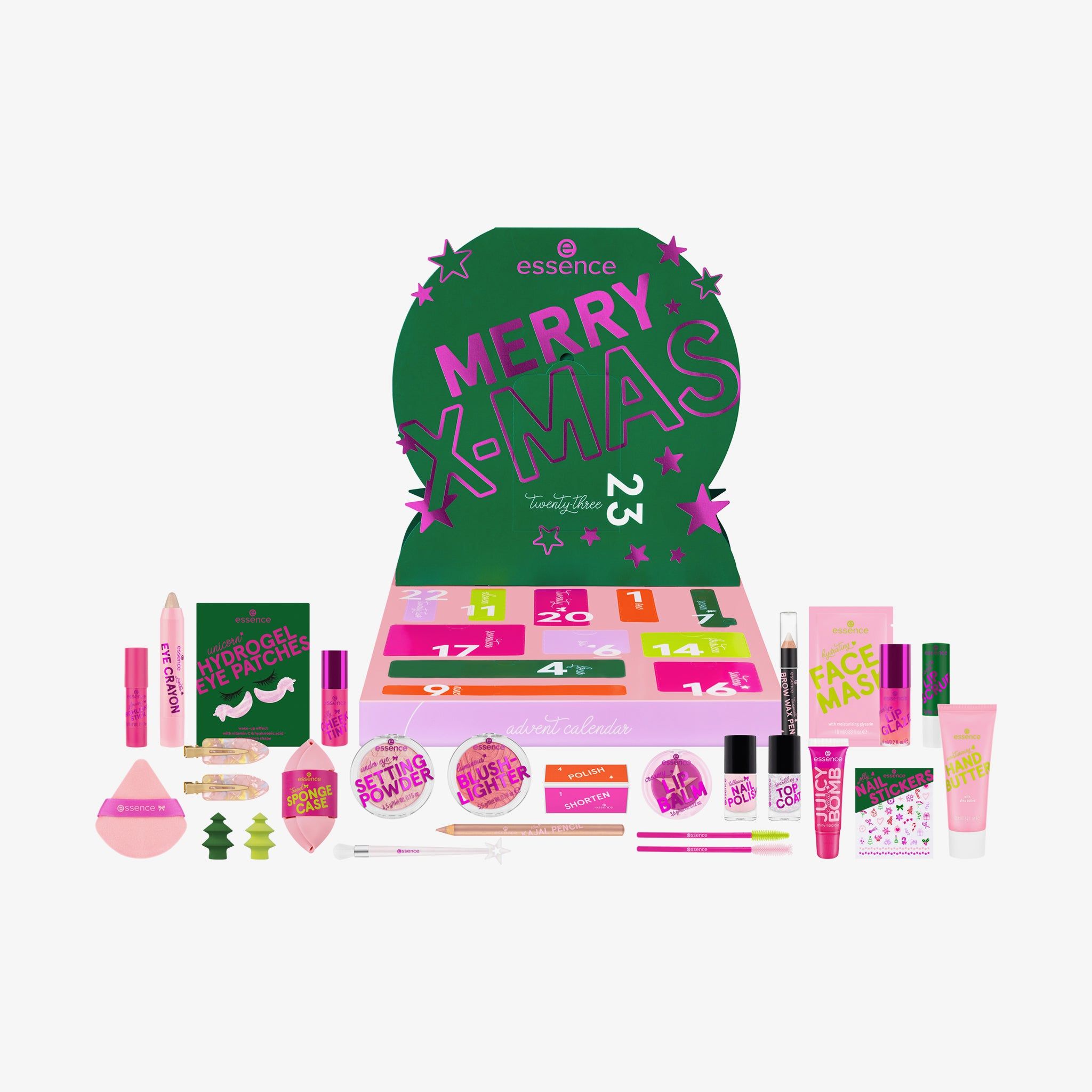 Adventskalender met 23 vakjes. Groen-roze design met opschrift « Merry X-Mas ». Bevat cosmetische producten.