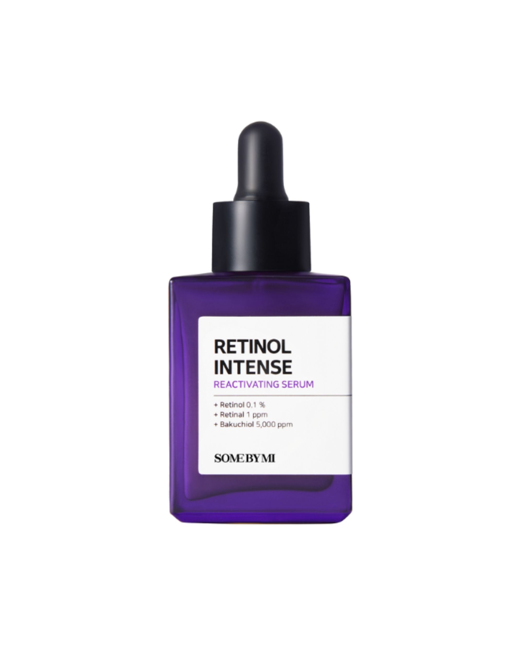Flacon de sérum violet avec bouchon noir. Texte: Retinol Intense Reactivating Serum.