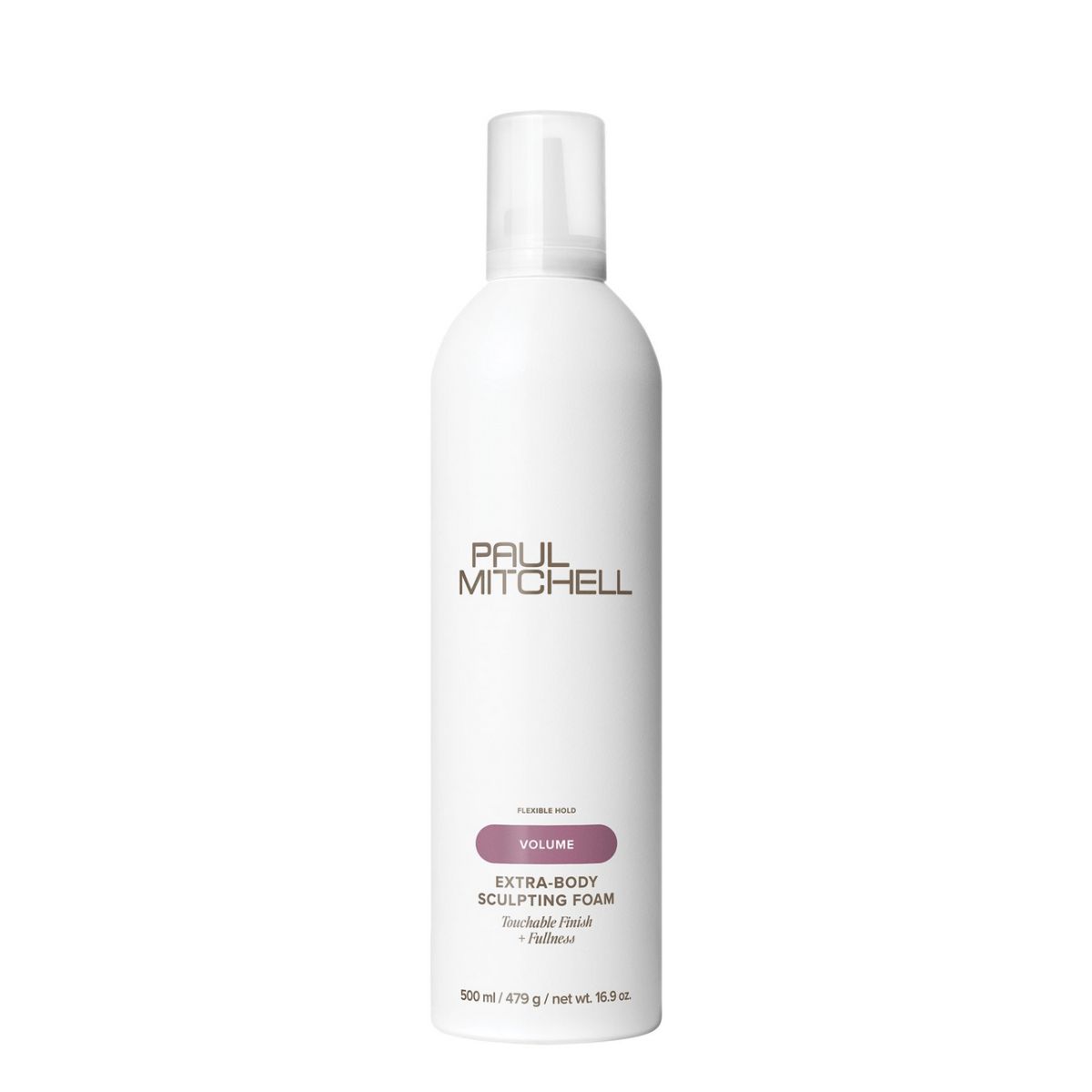 Paul Mitchell Extra-Body Sculpting Foam pour le volume. Flacon blanc avec étiquette violette.