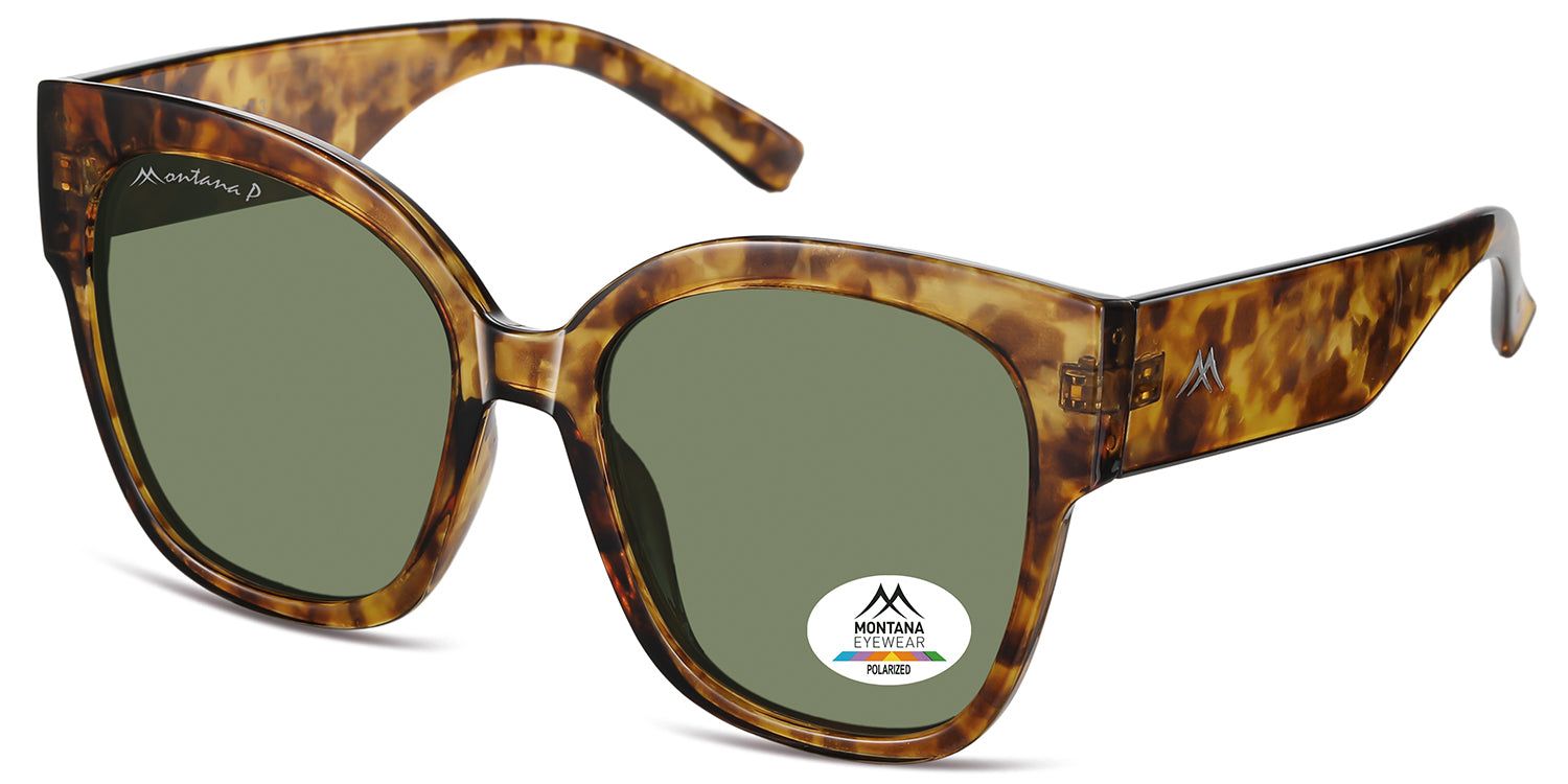 Lunettes de soleil marron et vertes. Logo Montana Eyewear sur le verre. Verres polarisés.