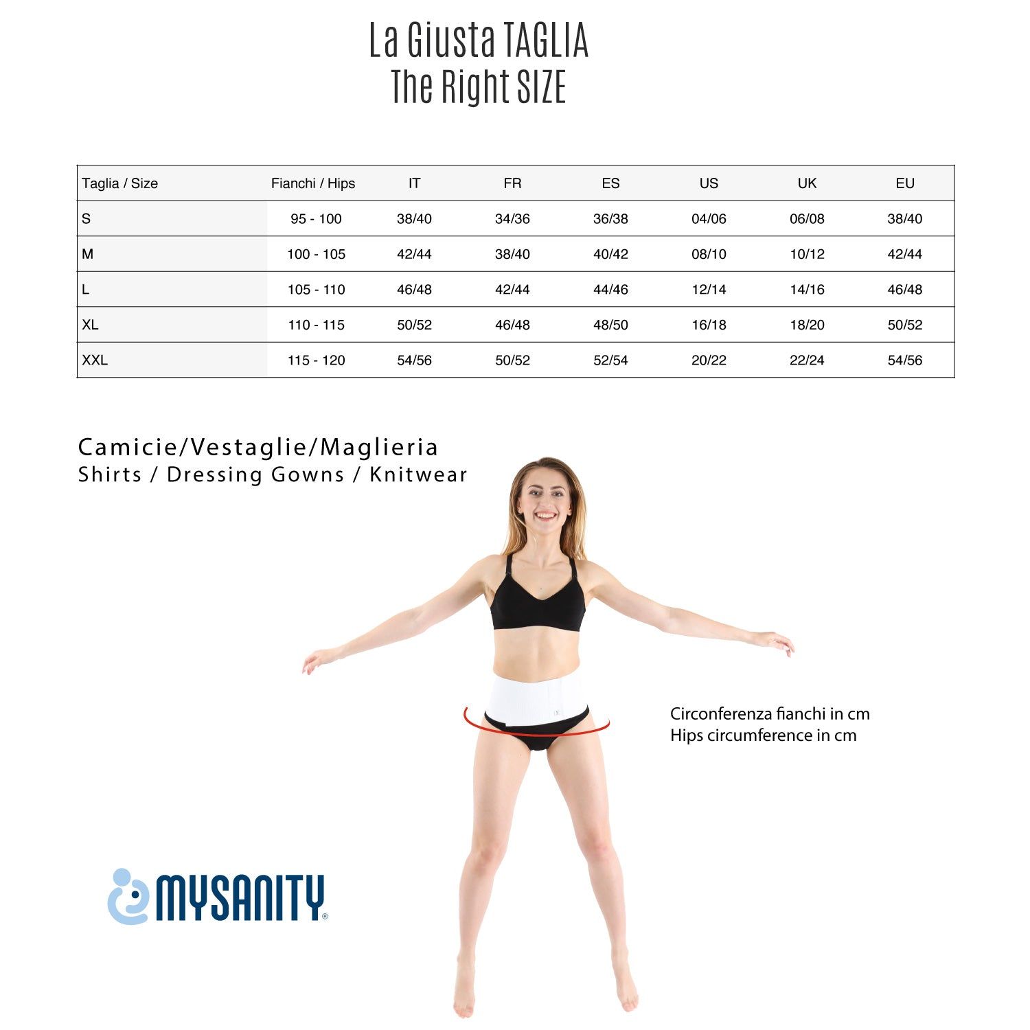 Tableau des tailles pour chemises d'allaitement. Texte: La Giusta Taglia/The Right SIZE. Marque: MYSANITY.