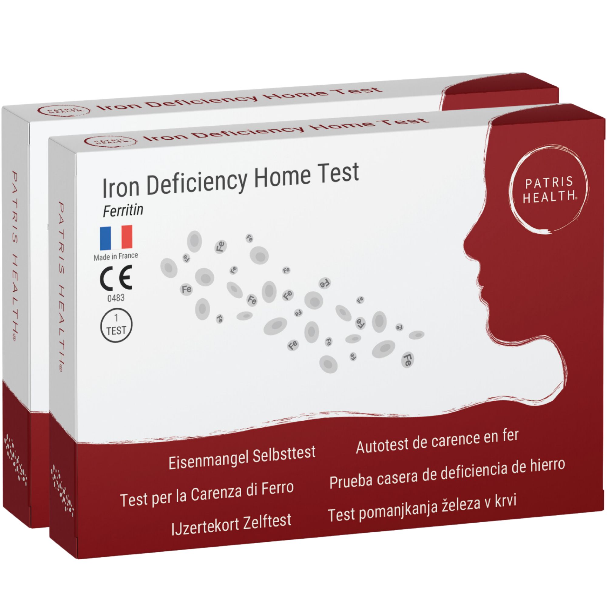 Twee verpakkingen van de Patris Health® ijzertekort zelftest. Rode en witte verpakking met productnaam, certificeringen en logo.