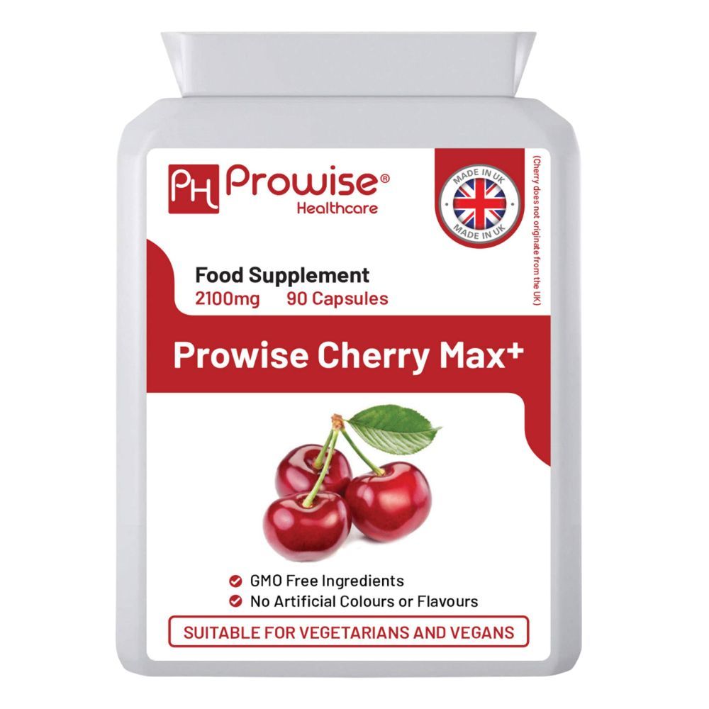 Emballage de produit avec capsules. Inscription: Prowise Cherry Max+. Contient 90 capsules. Fabriqué au Royaume-Uni. Végétarien et végétalien. Cerises.