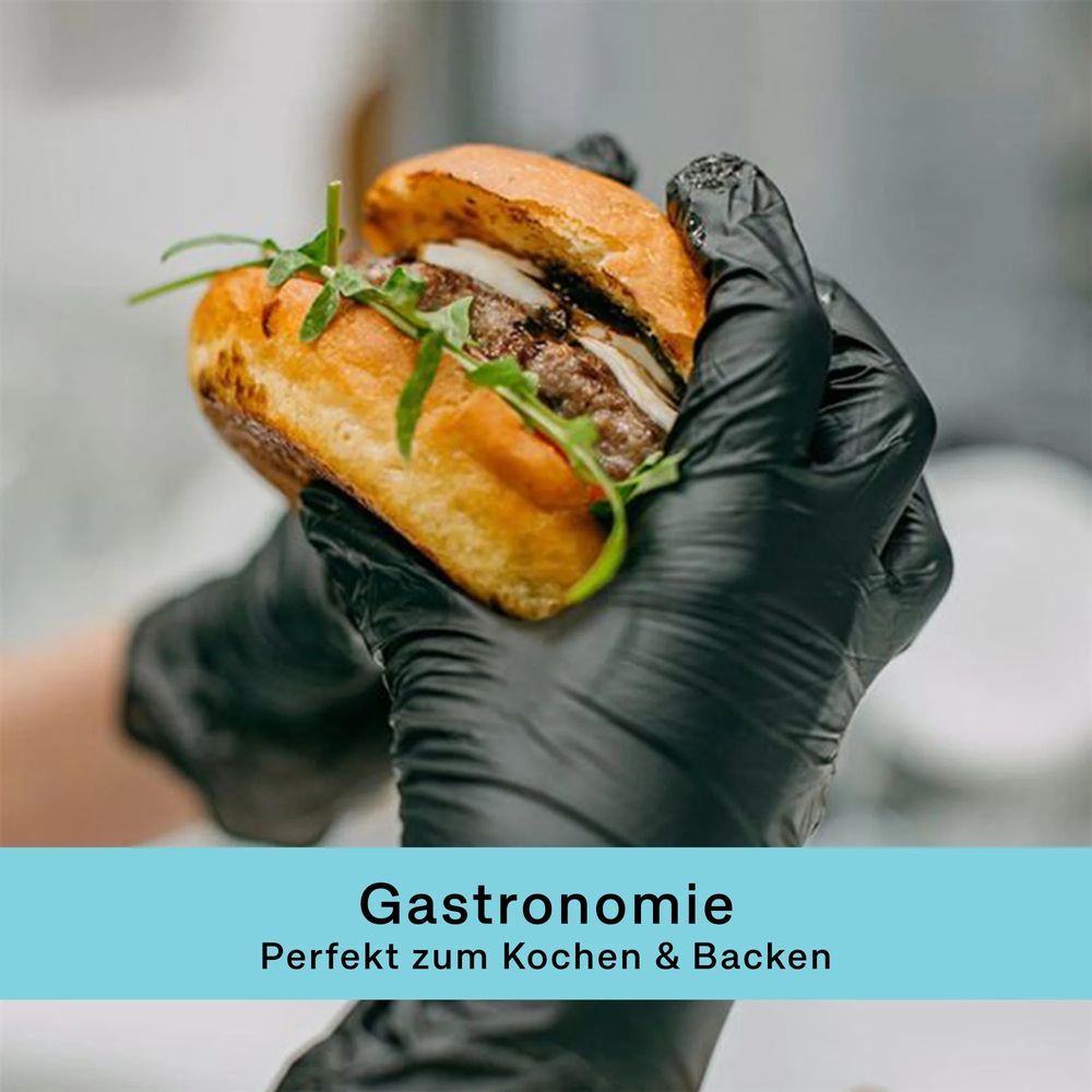 Mains gantées de noir tenant un burger. Texte: Gastronomie, parfait pour cuisiner et pâtisser.