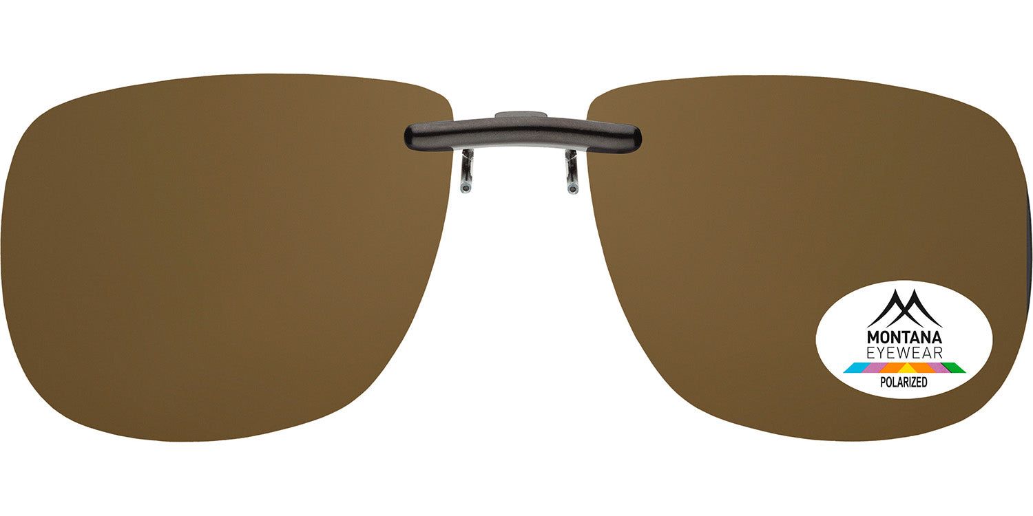 Clip-on de lunettes de soleil marron. Monture noire. Logo Montana Eyewear et autocollant Polarized.