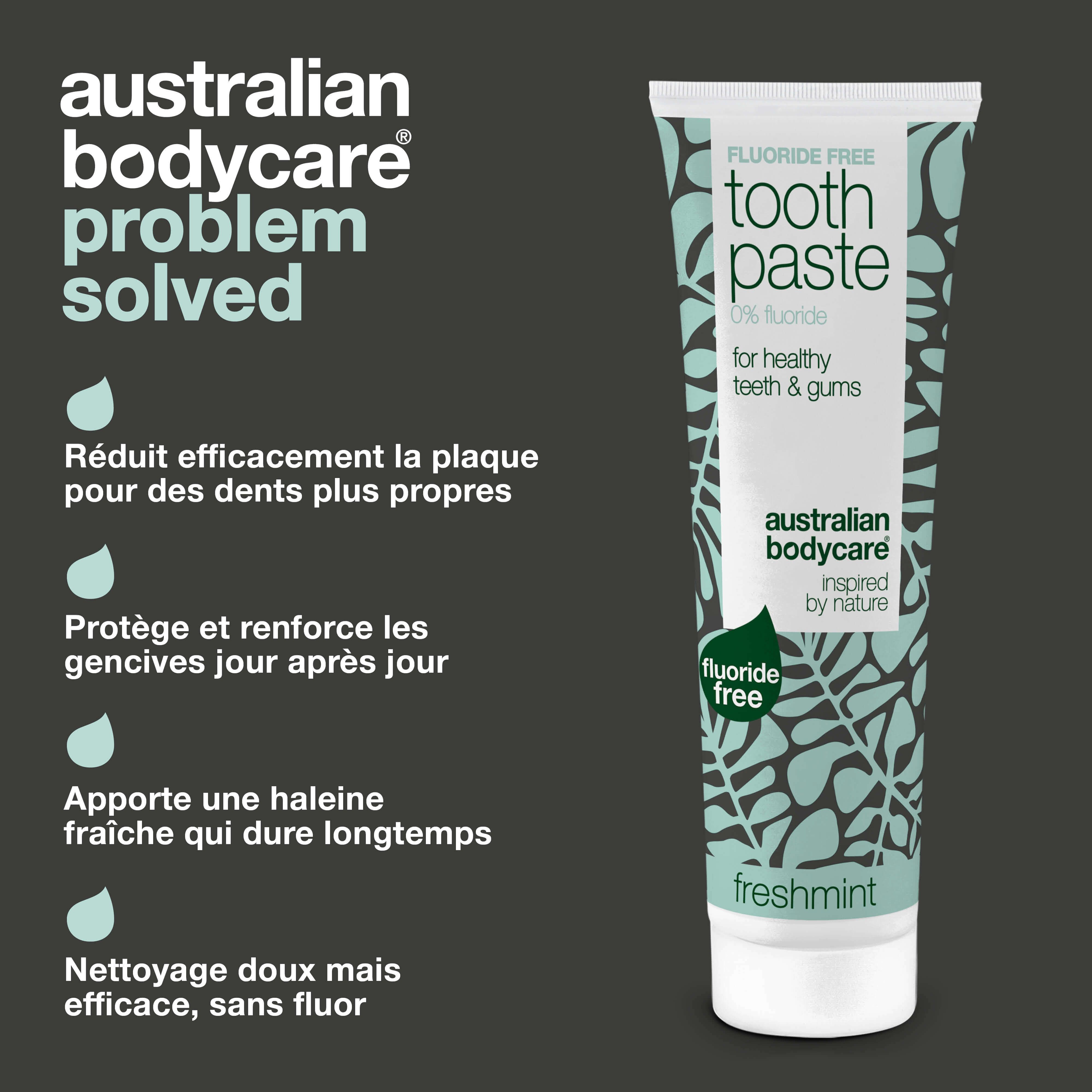 Tube de dentifrice. Inscription : Fluoride Free, Toothpaste, 0% fluoride, pour des dents et gencives saines. Texte : Réduit la plaque.