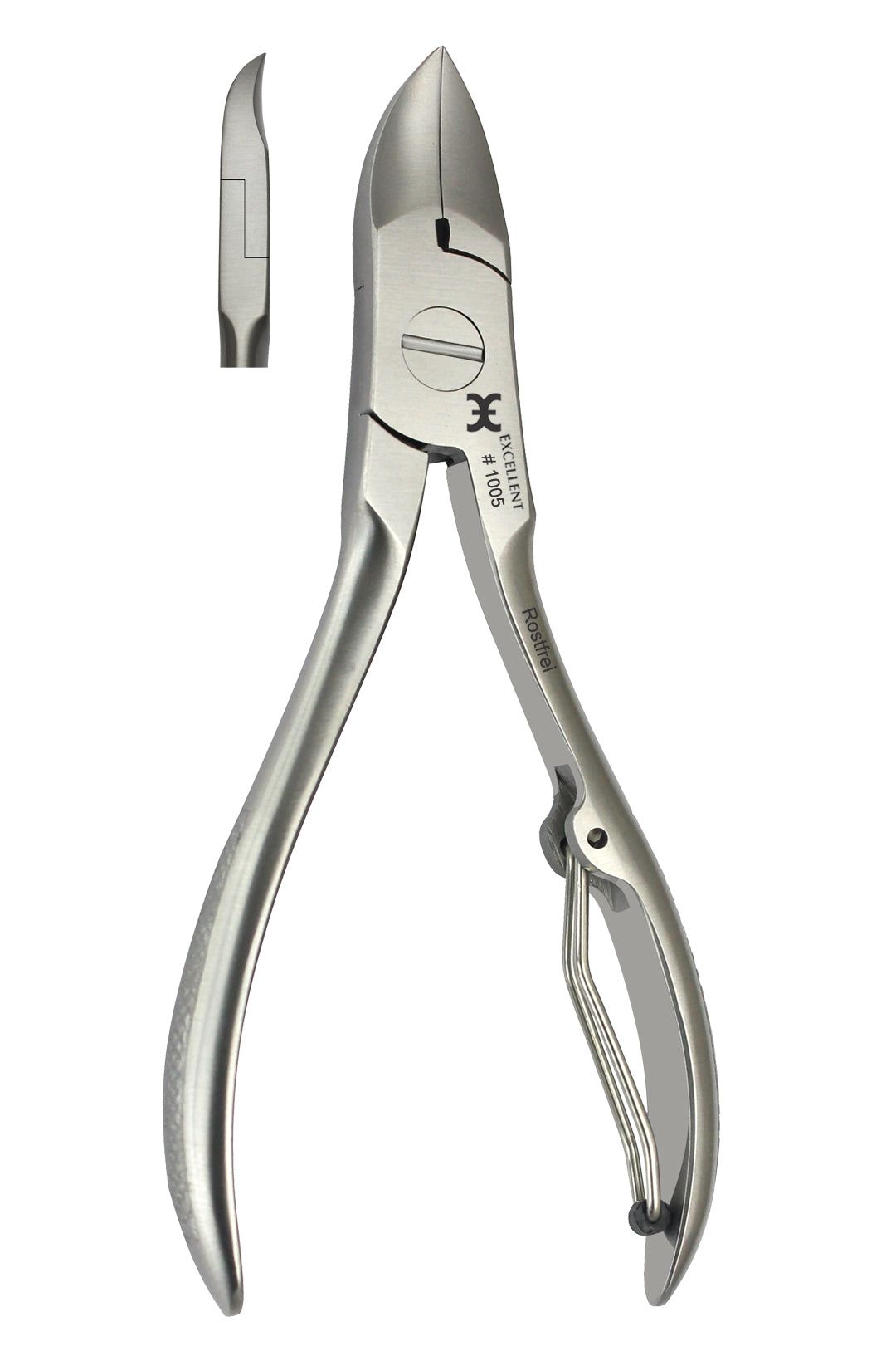 Metalen nagelknipper. Opschrift: Excellent #1005 Rostfrei. Ergonomische handgrepen. Extra detail van de snijkant.