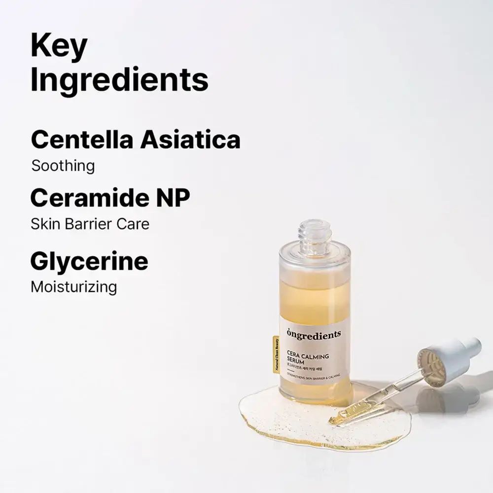 Gezichtsserum met pipet en ingrediënten. Opschrift: Ongredients, Cera Calming Serum. Gele vloeistof op een oppervlak.