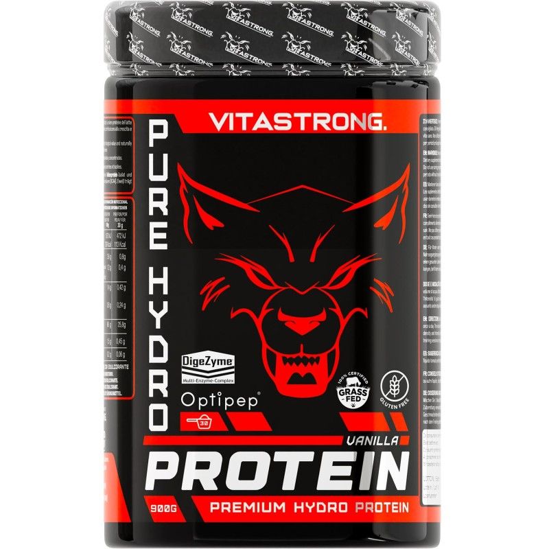 Boîte noire avec logo rouge. Inscription : Vitastrong Pure Hydro Protein, Optipep, Vanille, 750g.