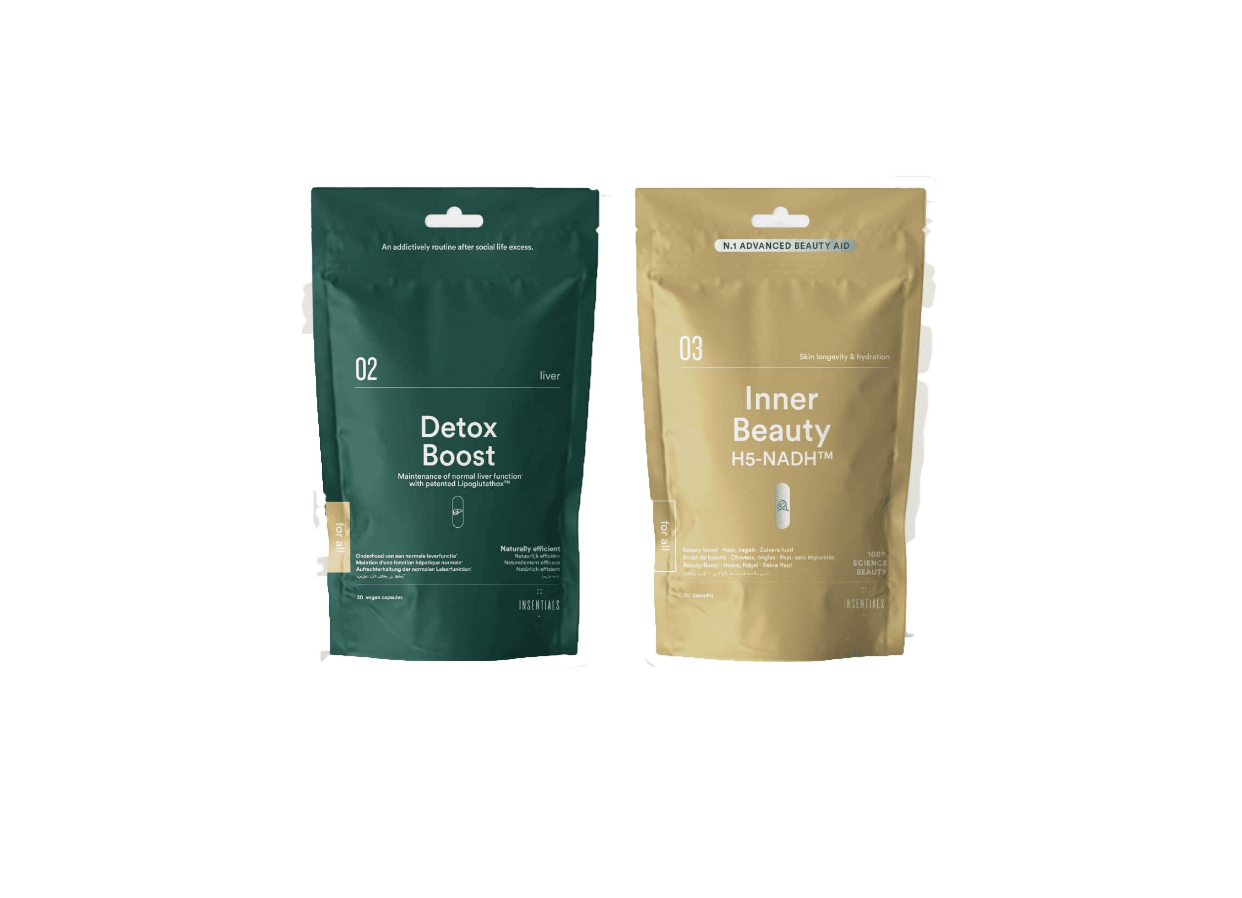 Twee zakjes: een groene 'Detox Boost' en een gouden 'Inner Beauty HS-NADH'.