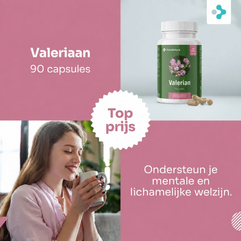 Vrouw met kopje, fles valeriaan capsules. "Ondersteun je mentale en lichamelijke welzijn."