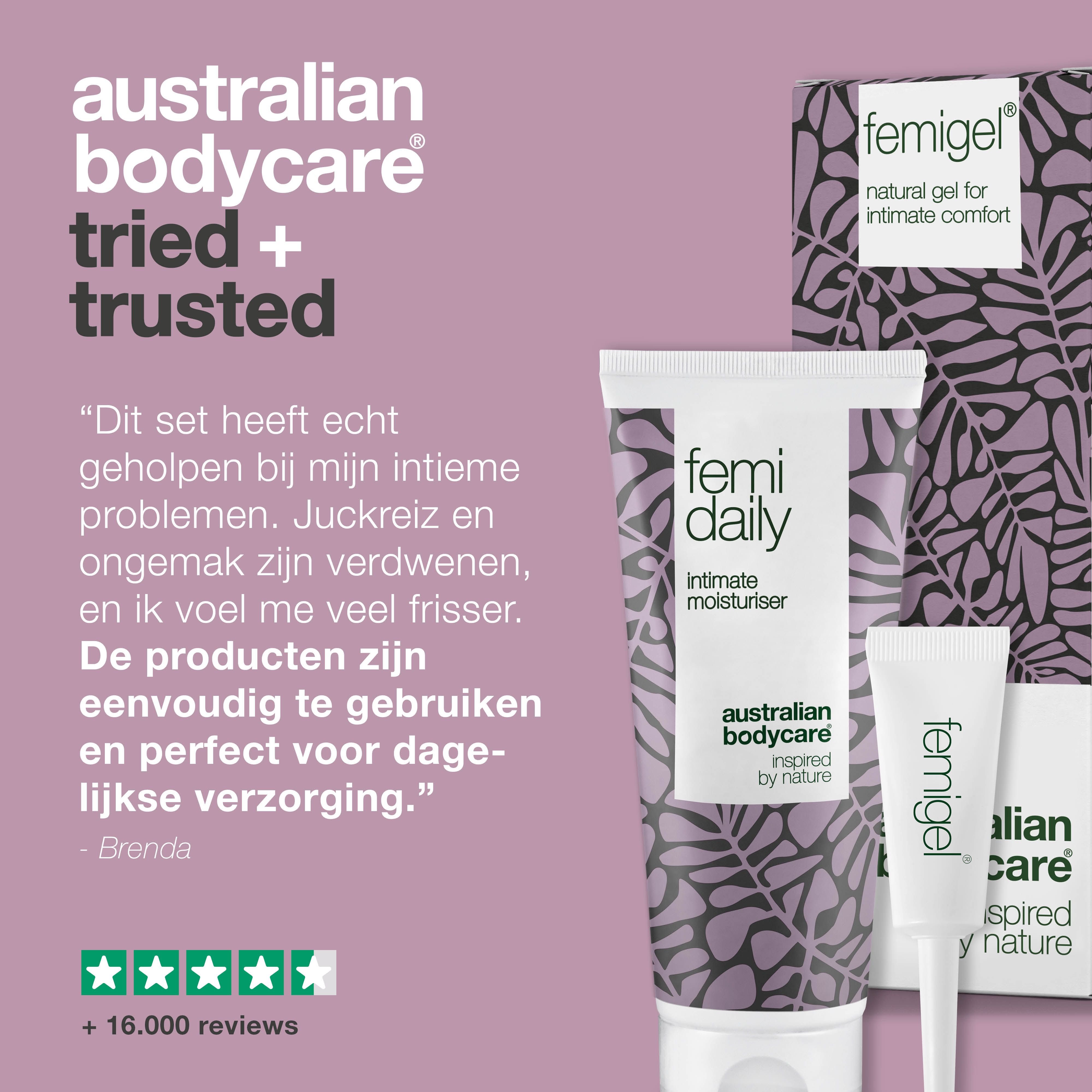 Femidaily, Femigel en verpakking. Tekst in het Nederlands: Getest en goedgekeurd. Logo: Australian Bodycare.