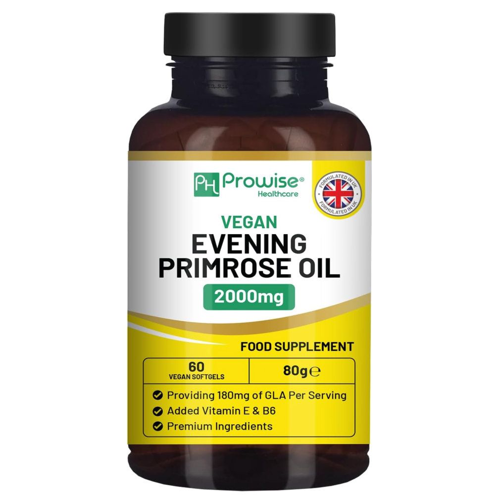 Bruine fles Prowise Veganes Nachtkerzenöl Softgels. Opschrift: Vegan Evening Primrose Oil 2000mg. 60 softgels. 80g.