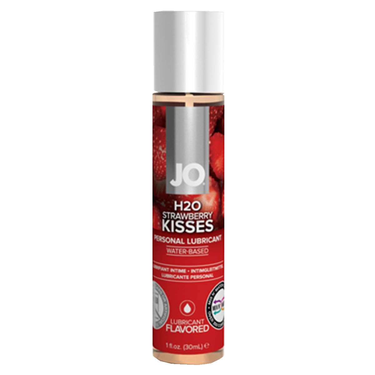 Flacon cylindrique avec bouchon argenté. Fond rouge avec fraises. Texte: JO, H2O Strawberry Kisses, Personal Lubricant, Water Based.