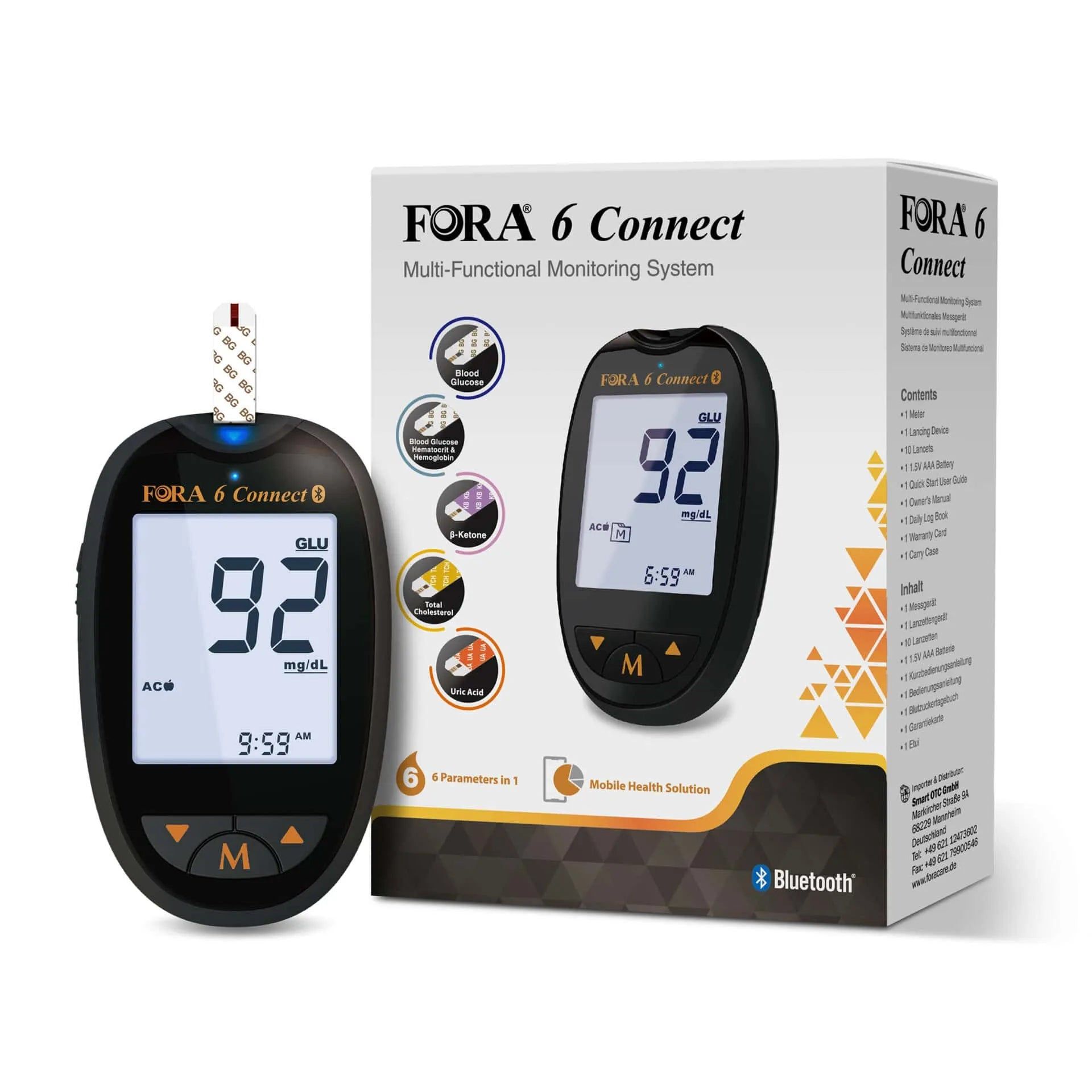 FORA 6 Connect meter met teststrip en verpakking. Toont bloedsuikerwaarde 92 mg/dL.
