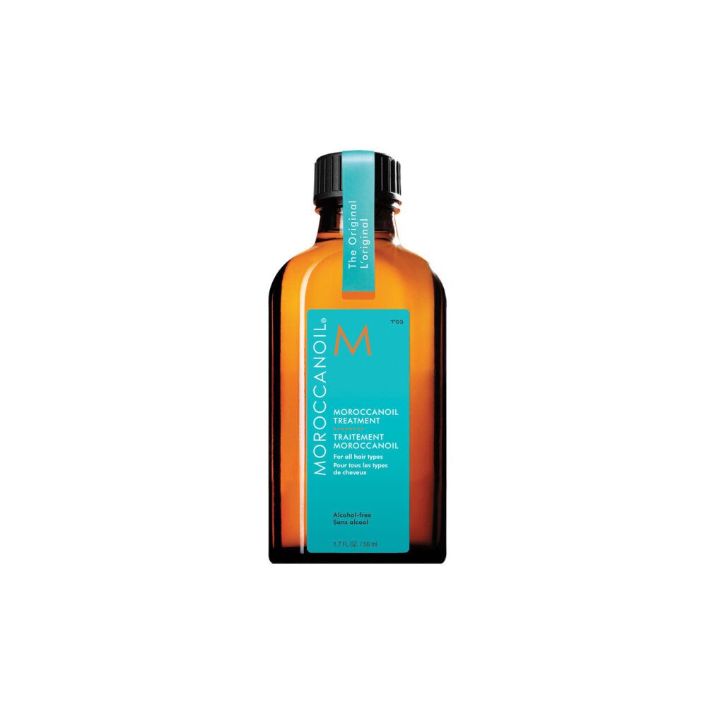 Bruine glazen fles met turquoise etiket. Opschrift: Moroccanoil Treatment. 'M' logo.