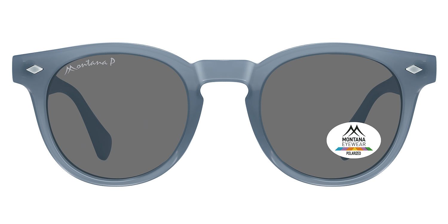 Lunettes de soleil bleues rondes. Logo Montana Eyewear sur la branche et le verre. Verres polarisés.