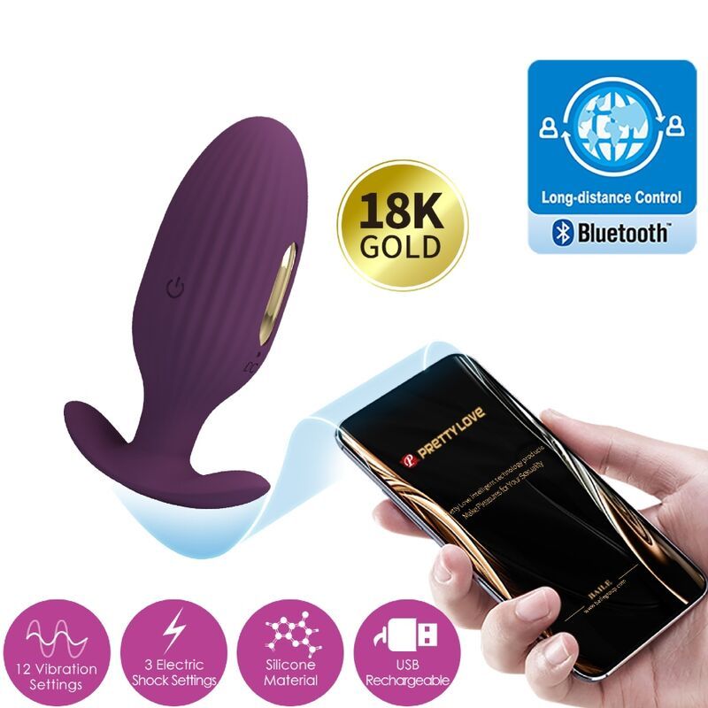 Paarse geribbelde anale plug, app-bediening, Bluetooth, 18K gouden accent en USB-oplaadbaar.