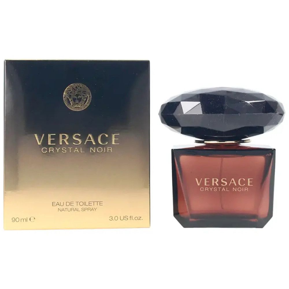 Versace Crystal Noir Eau de Toilette. Zwarte fles met facetdeksel en rechthoekige verpakking met logo.