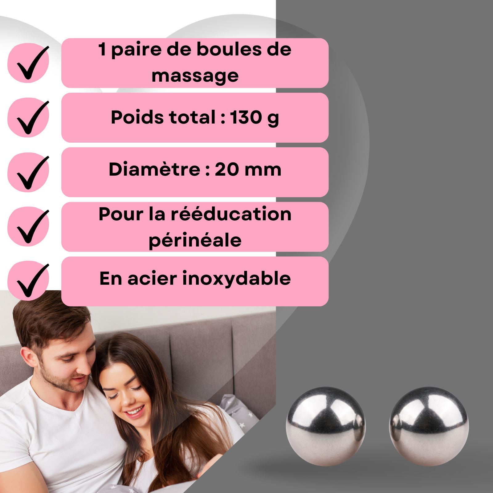Deux boules métalliques. Paire sur main. Paire sur lit. Texte: Boules en acier inoxydable.