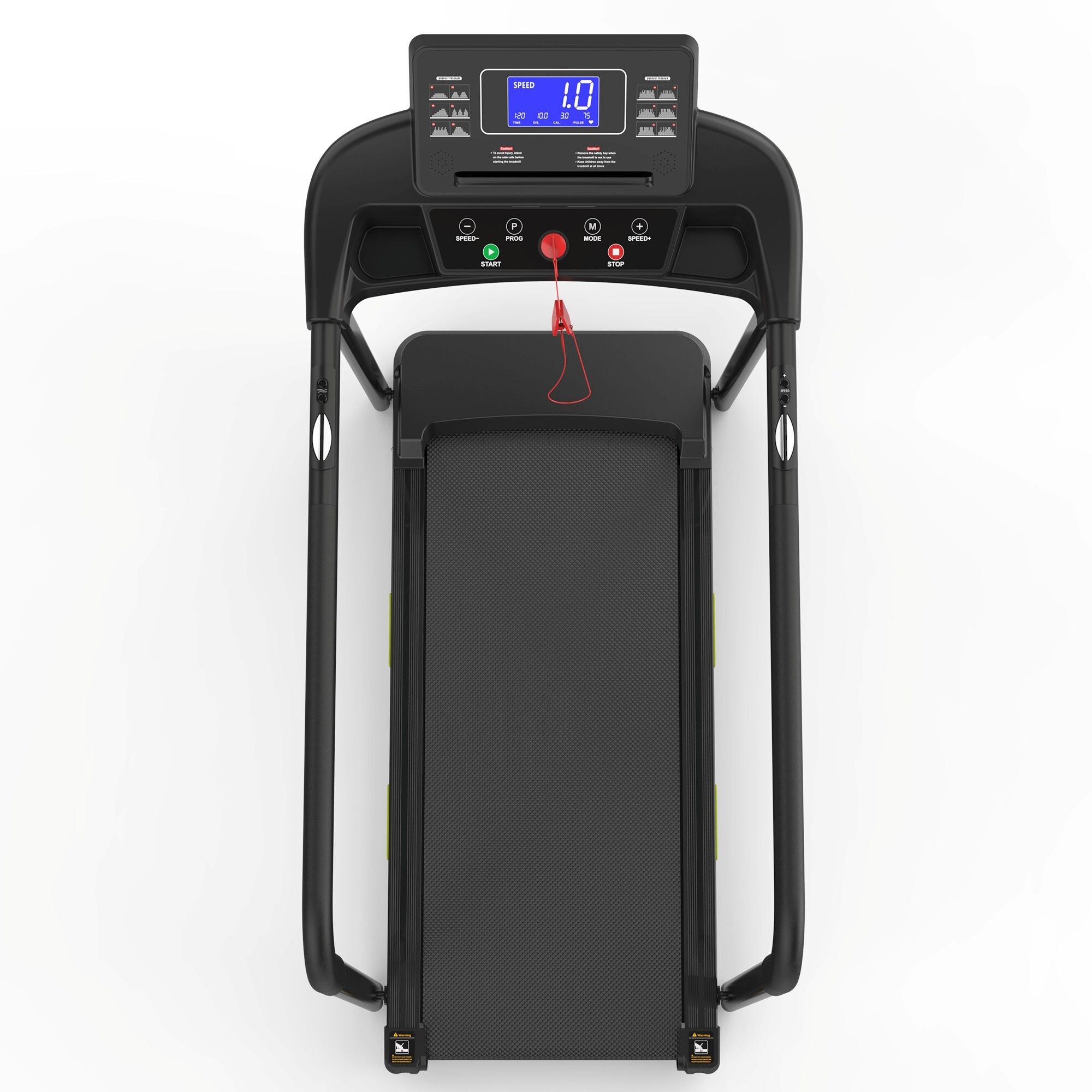 Tapis roulant noir avec longue main courante. Grand écran LCD. Vue de dessus. Pour seniors. Bouton d'arrêt rouge.